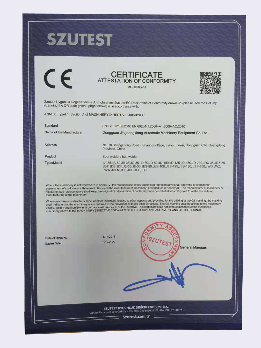 CHINA Dongguan Jinghongxiang Automation Equipment Co., Ltd. Certificaciones